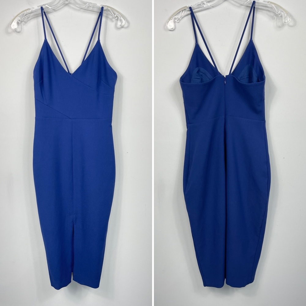 LIKELY Brooklyn Cocktail Dress Blue Midi Bodycon Strappy Sexy Front Slit Revolve - Picture 8 of 16